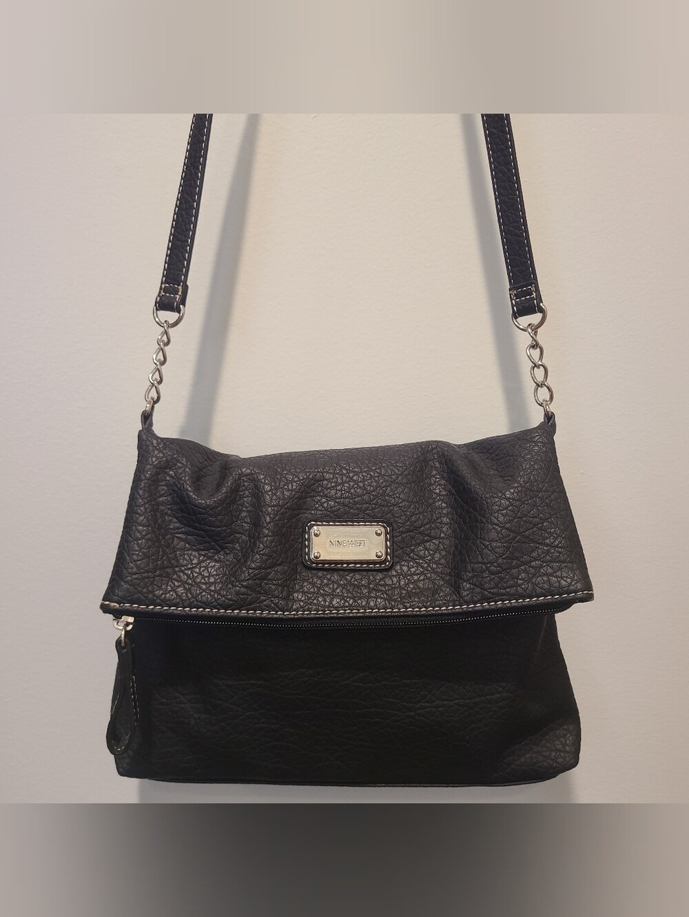 Nine West Pebbled Fold Over Crossbody Bag Black Silver